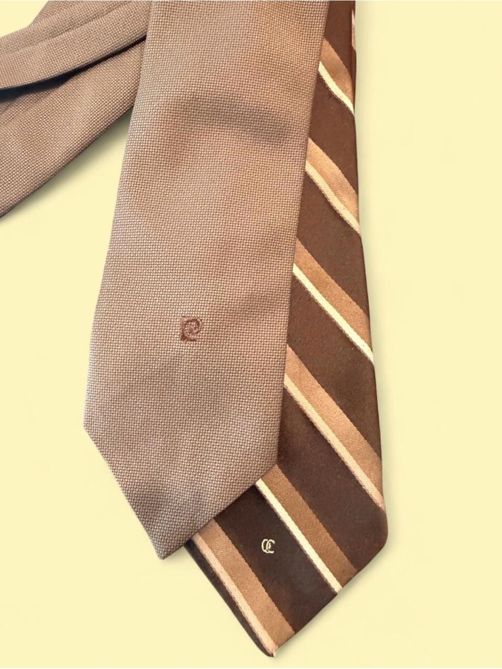 Lot of 2 Vintage Men's Brown Striped and Solid Necktie Set - Brown
